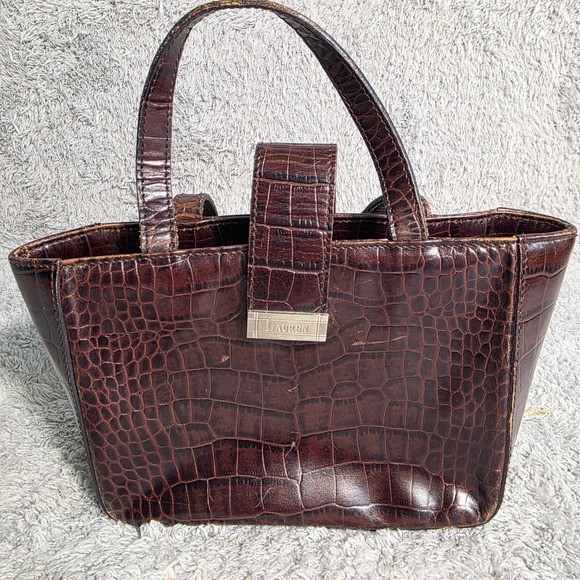 Lauren Ralph Lauren Handbags - VTG Lauren Ralph Lauren Mini Purse Tote Bag Brown Croc Embossed Leather Small